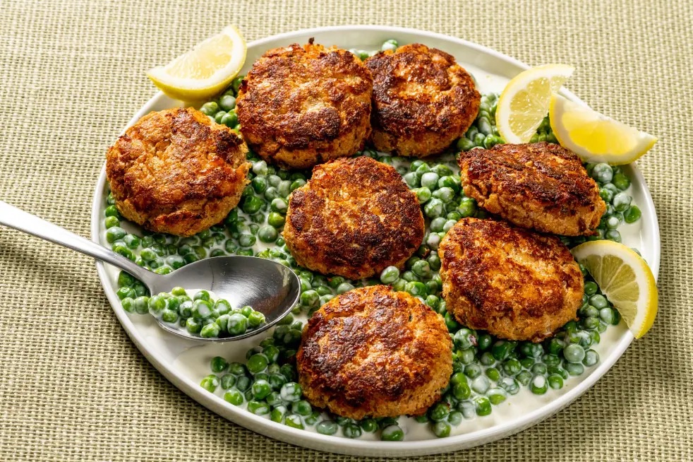 A Julia Turshen recipe from Simply Julia: Ricotta and Potato Chip Fish Cakes with Peas